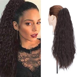 24" Long Ponytail Extensions Yaki Synthetic Claw Clip in Pony Tails Corn Wave Ponytail Curly Hairpiece for Women Dark Brown