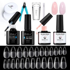 Gelike ec Nail Tips and Glue Gel Kit - 6 in 1 Nail Glue and Top Coat 240 Pieces Soft Gel Full Cover Nail Tips 2 Pieces Nail Polish Nail Stamp Nail Clippers and Nail Lamp Medium Almond & Ballerina