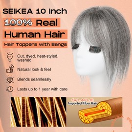 SEIKEA Hair Toppers for Women Real Human Hair, 10" Clip in Bangs Hand-tied Base 1.4 * 2.2inch Natural Realistic with Thinning Hair with Wispy Bangs Dark Gray