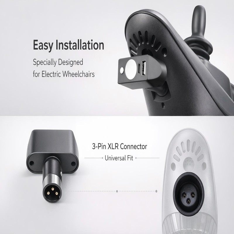 Electric Wheelchair USB Charger with Bright LED Light, 3-Pin XLR