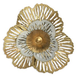 10" Metal Flower Wall Art Decor, Rustic Modern Floral Sculpture, Distressed Iron Wall Hanging Home Decoration Accent Artworks for Indoor Kitchen Bedroom Living Office Outdoor Garden Patio (36B-Gold)