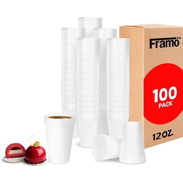 Framo 12 Oz Foam Cups (100 Pack) Lightweight Insulated Foam Cups for Coffee, Cold Drinks & Other Hot Beverages - Disposable Drinking Cups for Parties, Picnic, BBQ, Travel, & Events