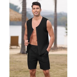 Aulemen Men's Linen Sets 2 Piece Outfits Tank Tops Summer Beach Casual Short Sleeve Hippie Shirts Matching Shorts Set Black XL