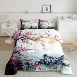 Feelyou Cherry Blossoms Comforter Set Queen Size Kids Japanese Style Comforter for Boys Girls Teens Fuji Mountain Decor Home Decor Bedding Set Sakura Flower Duvet Set