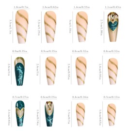 Press on Nails Long Ballet Shaped Artificial Acrylic Nails Gold Lines and Green Smudge Love Heart Design French False Nails Rhinestones Fake Nails Full Cover Coffin Nails Glue on Nails for Women Kit