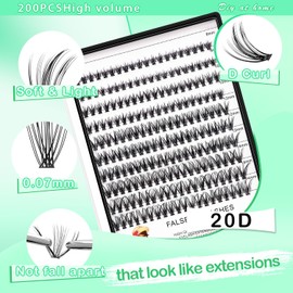 Dedila Large Tray-20Roots Thickness 0.07mm Mixed 8-10-12-14mm/ 9-11-13-15mm /12-14-16mm Black Soft and Light Individual False Eyelashes Dramatic Look Makeup Volume Eye Lashes Cluster (8-10-12-14MM)
