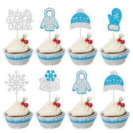 24 piezas de copos de nieve para bebés con purpurina para cupcakes, abrigos de bebé azules con purpurina, gorros, palillos de magdalenas para invierno, baby shower, suministros de fiesta
