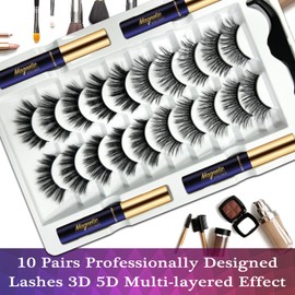 AkesuLash Magnetic Eyelashes with Eyeliner Kit - 10 Pairs 3D Magnetic Lashes Kit with Applicator,Updated 4 Tubes of Magnetic Liner,Updated Strongest Natural Look,Reusable, Easy to Apply, Cruelty-Free