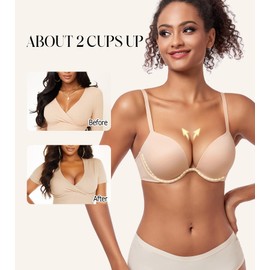 Lemorosy Women's Deep V Plunge Underwire Padded Push Up T-Shirt Bra - 2 Cups Up (32C, Nude)