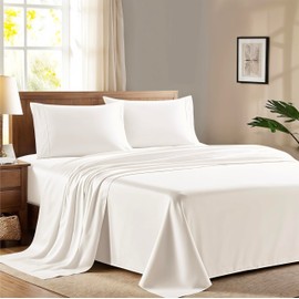 Ashton Sheets 100% Egyptian Cotton Queen Size Sheet Set - 600 Thread Count Egyptian Cotton Sheets Set for Queen Size Bed (4 Pc, Ivory), Soft, Cooling, Luxury Hotel 16" Deep Pocket Sateen Bedsheet
