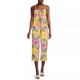 No Boundaries Juniors' Strapless Tie Front Jumpsuit Size L 11-13 New Yellow Pink