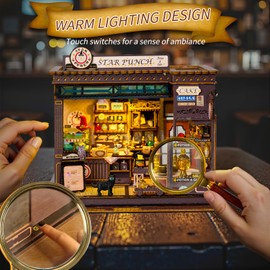 Yiwsnust DIY Miniature House Kit - Coffee Shop Wooden Dollhouse Kit with LED Lights -Mini House Making Kit with Furniture - Tiny House kit for Adults to Build - Miniature Kits Craft Gift