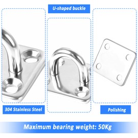8 PCS 304 Stainless Steel Oblong Pad Eye Plate Marine Staple Hook M6 Loop Eye Plate Hook Marine Hardware Metal Staple Hooks Stainless Steel with 32 Set Screws and Plugs for Swing Hammock Boat Splint