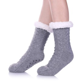 SDBING Women's Winter Super Soft Warm Cozy Fleece Lined Fuzzy Slipper Socks with Grippers (Light Gray B, 6-10)