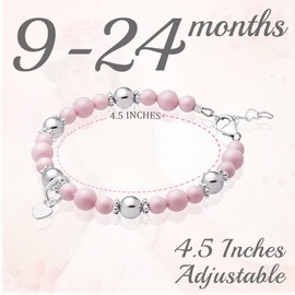 Baby Crystals Sterling Silver Heart Charm Pearl Bracelet for Girls -High end Simulated Pastel Rose Simulated European Pearls