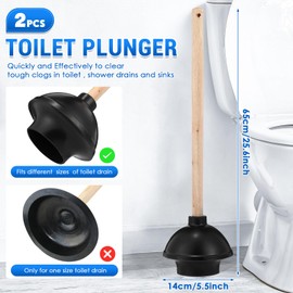 Dandat 2 Pcs Rubber Toilet Plunger with Double Thrust Force Suction Cup Long Wooden Handle Toilet Bowl Plunger Heavy Duty Plunger Pump Clogged Toilet Solution for Bathroom Stores Restaurants, Black
