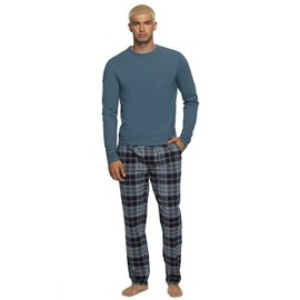 Felina Men's Cotton Pajamas Set - Soft Long Sleeve Crewneck Top, Drawstring Waistband, Side Pocket Opening, China Blue Plaid, L