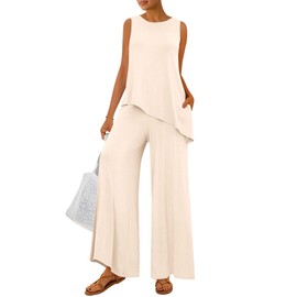 PRETTYGARDEN Women's 2025 Two Piece Matching Lounge Sets Asymmetrical Split Tank Tops Wide Leg Pants Summer Outfits Tracksuit (Beige,X-Large)