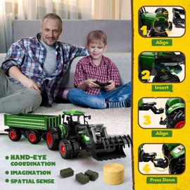 Uarzt Remote Control Tractor Toy, Kids RC Tractor Set & Truck and Trailer Front Loader - Metal Car Head/8 Wheel/Light, Toddlers Farm Vehicle Toys for 3 4 5 6 7 8 9 Year Old Boys Girls Birthday Gift