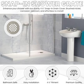 LXLOTUS 4 ¼” Brushed Nickel Snap-in Shower Drain Cover - Stainless Steel Replacement - 4.25" OD Shower Drain Strainer - Easy Install - Premium Round Shower Drain Cover - Solid Brass Construction