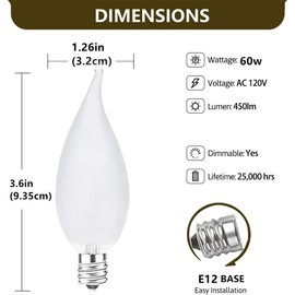 BUBYVV Frosted Flame Tip Chandelier Light Bulb，60W E12 Candelabra Base,Candle Light Bulbs for Chandeliers, Ceiling Fan Lights (6pack)