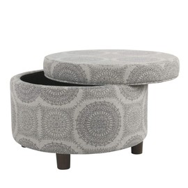 HomePop Home Decor | Upholstered Round Storage Ottoman | Ottoman with Storage for Living Room & Bedroom (Light Grey Medallion) Large