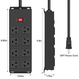 JUNNUJ Heavy Duty 20 Amp Power Strip, Garage 8 Outlets Metal 12 Gauge Surge Protector 3000J, High Amp 5-15P Adapter Shop 6-20R T-Slot Industrial Outlets (8AC, 10FT)