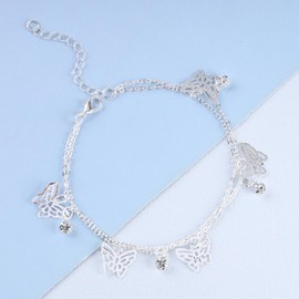 Allereya Layered Dangle Crystal Anklet Bracelet Chain Hollow Butterfly Anklet Bracelet Rhinestone Butterfly Anklet Bracelet Silver Summer Beach Foot Chain Jewelry for Women and Girls