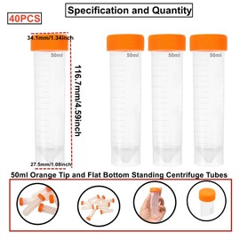 HUAZIZ Pack of 40 50 ml Orange Test Tube Plastic Centrifuge Tube for Laboratory Chemistry Experiments (Conical + Flat Bottom)