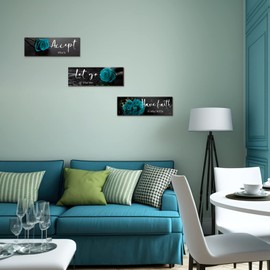 3 Pcs Teal wall decor Inspirational Teal Bathroom Decor Wooden Teal Rose Wall Art Turquoise Office Wall Decor with Accept Let Go Have Faith Quotes for Girl Women Bathroom Bedroom(Teal Rose12 x 4 Inch)
