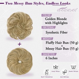 BARSDAR 2 PCS Messy Bun Hair Pieces - Elastic Blonde Messy Hair Bun Scrunchies Extensions for Women - Synthetic Thick Fluffy Updo Chignons Hairpieces - Golden Blonde with Highlights