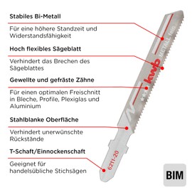 kwb Jigsaw blades for metal, made of sturdy bi-metal, highly elastic, with single cam shaft (T-shank), puncture tooth, optimal service life, steel bare surface, for fine cuts