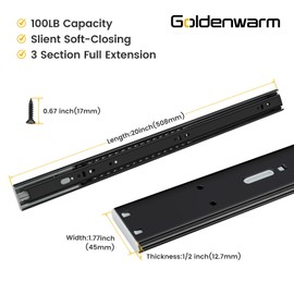 goldenwarm 10 Pair 20 Inch Black Soft Close Drawer Slides, Full Extension Ball Bearing Drawer Slides, Side Mount Soft Close Drawer Slides Drawer Glide, 20 Pack