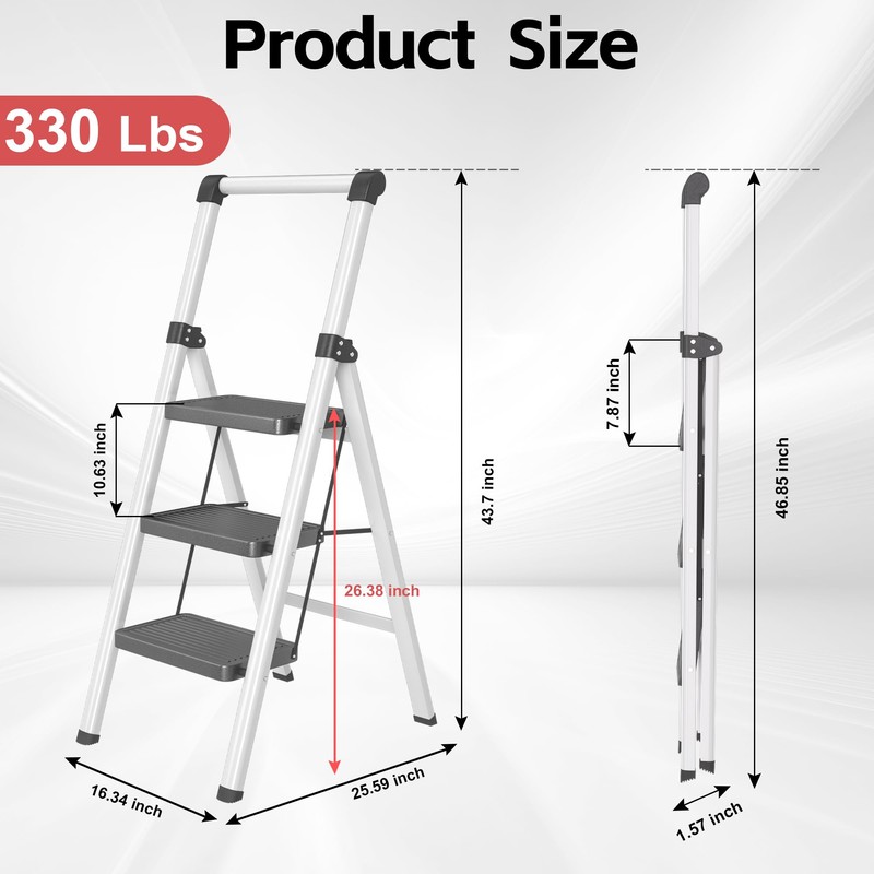 3 Step Ladder, DIAMONDFORGE Folding Step Stool with Wide Anti-Slip