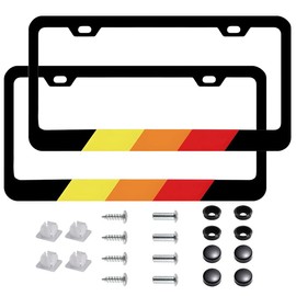 2Pcs Metal Black Tri-Color License Plate Frames fit for Toyota, License Tag Plate Universal Fit for Cars, Trucks and SUVs (YellowOrangeRed-Down-Black)