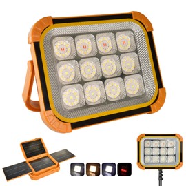 24000mAh Rechargeable Solar Work Light with 4 Solar Panels, 20000LM White/Warm/Nature/RED Portable Flood Light, IPX5 Waterproof 4 Modes LED Job Site Lighting Flashlights Camping Fishing Car Repair