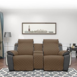 Easy-Going Loveseat Recliner Cover with Console, Reversible Couch Cover for Living Room, Split Sofa Cover for Each Seat with Elastic Straps for Kids, Dogs, Pets(2 Seater, Camel/Ivory)