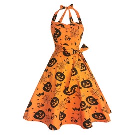 Topdress Women's Vintage Polka Audrey Dress 1950s Halter Retro Cocktail Dress Pumpkin XL