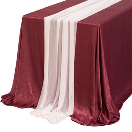 Ling's Moment Burgundy Sheer Chiffon-Like Tablecloth & Red Table Runner Set for 4/6ft Long Rectangular Table (11ft x 8ft)
