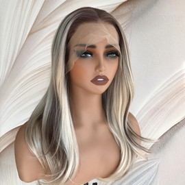 Blonde with Brown Lowlights 13x4 Synthetic Lace Front Wig Pre Plucked Hairline Blonde Blend Natural Straight Shoulder Length 17 Inch Natural Looking Heat Resistant Fiber Wig for Daily