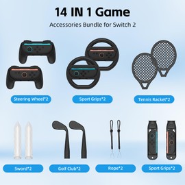 Switch 2 Sports Accessories Bundle, 14-in-1 Switch Sports Accessories Bundle for Switch 2 Joy-Con with Tennis, Golf, Steering Wheel, Sword- Motion Control Game Kit for Switch Sports & Fitness Games (Black (14 in 1))