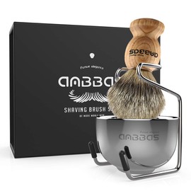 Easy Raku® Beard Brush Shaving Brush Set of 3 Pure Bagger Hair Shaving Brush Stainless Steel Razor Stand Stainless Steel Shaving Soap Bowl Shaving Foaming Facial Cleansing Brush for Men Black