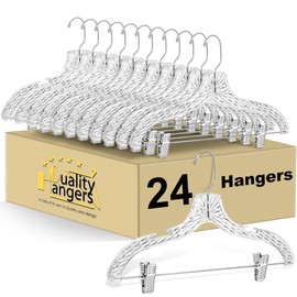 Quality Clear Plastic Skirt Hangers - 24 Pack Crystal Cut Pants Dress Durable Plastic Hanger Set with Adjustable Clips - Heavy Duty Hangers