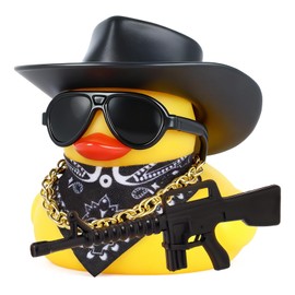 Jyeennar Rubber Duck Car Dashboard Decor - Black Cowboy Hat, Bandana, AK47 Accessory with Squeak Sound, Non-Slip Silicone Car Decoration Interior for Adults