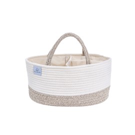 Mila Millie Baby Large Cotton Rope Diaper Caddy | Organizer Storage Bin for Nursery Essentials | Portable Bag for Changing Table and Car | 100% Natural Cotton | Eco friendly (White & Brown)