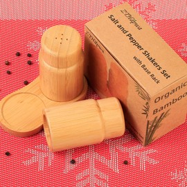 ZTHapwa Salt and Pepper Shakers Set with Base Rack, Bamboo Wooden Cute Salt and Pepper Shaker for Kitchen Counter or Table as Farmhouse Countertop Decorations and Wedding Gifts