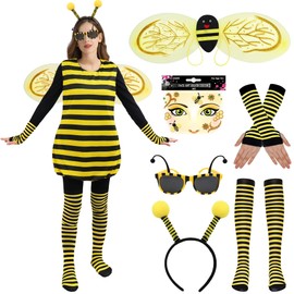 Firecos Bee Costume Set for Adults 6 pcs Animal Cosplay Fancy Dress Bee Costume Accessories with Wings Antenna Headband Sunglasses Gloves Socks for Carnival (Bee with sticker, XL-14-16)