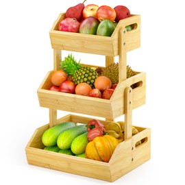 JANSNIMEN 3 Tier Bamboo Fruit Basket, Fruit Basket for Kitchen Counter Fruit Bowl Fruit and Vegetable Storage, Fruit Bowl for Onion Potato Bread Snack Organizer and Kitchen Decor