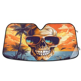 Skull Car Windshield Sun Shade, Beach Palm Trees Skull with Sunglasses Windshield Sunshades Sun Visor Protector Foldable Blocks UV Rays
