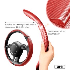 Pincuttee Steering Wheel Cover Carbon Fiber 3PC,Car Steering Wheel Cover Universal,Non Slip Steering Wheel Cover,Steering Wheel Protector,Car Interior Accessories(Matte Red)